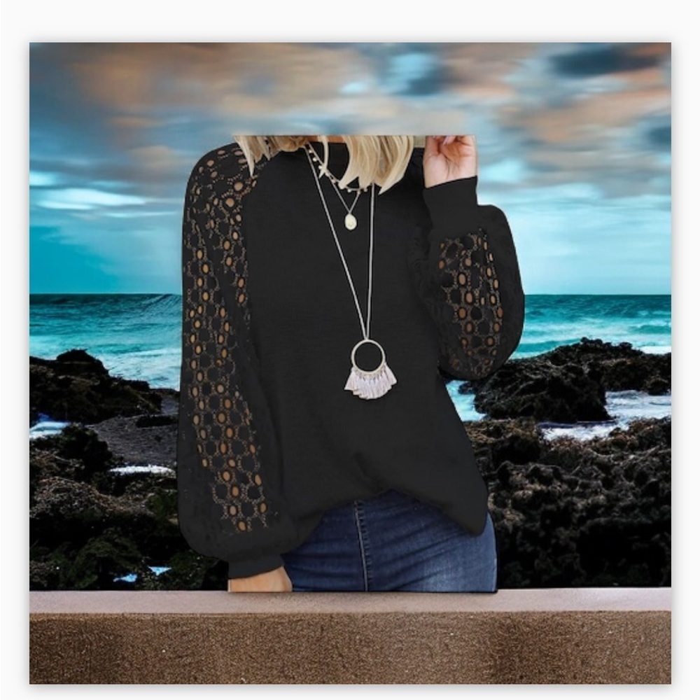 Micro star Women’s Black Lace-Crochet Detail on Sleeve Top -Sz Sm-NWOT🖤☀️ - Picture 9 of 10